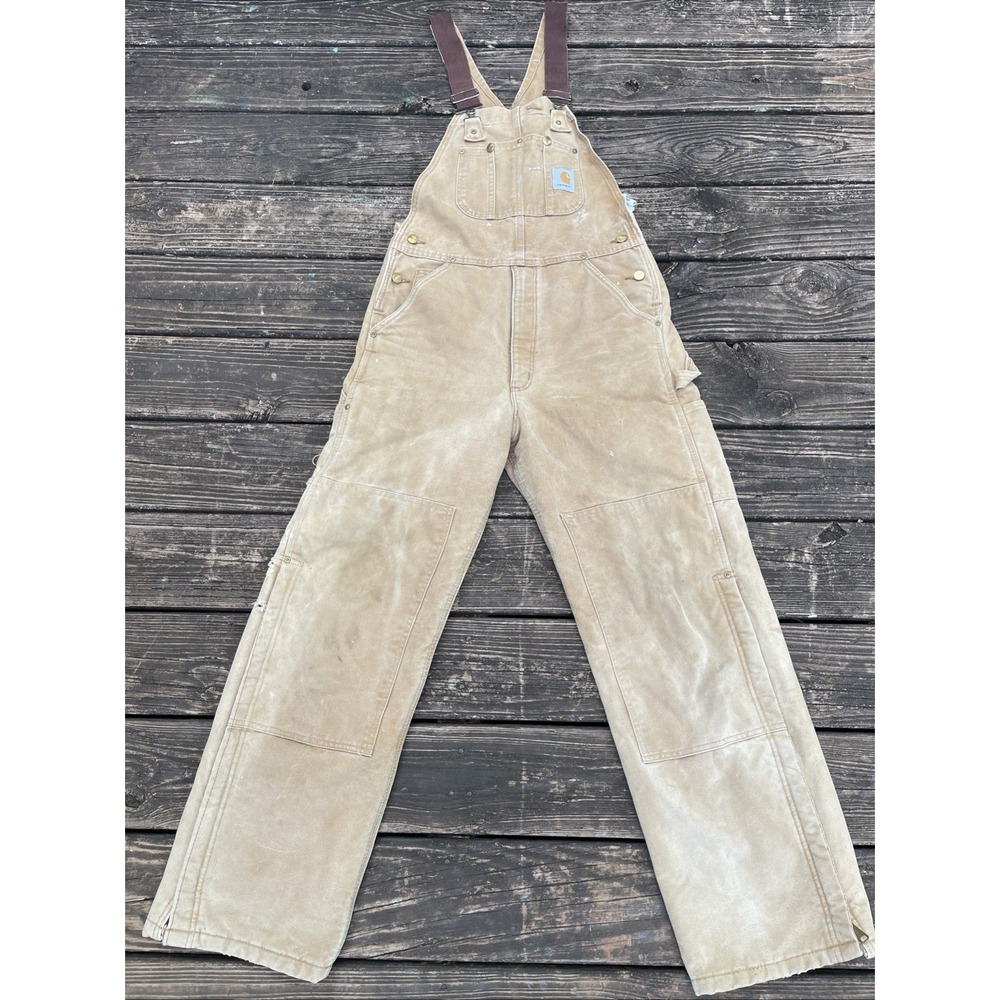 Carhartt R02 BRN Insulated Duck Bib Overalls Brown Double Front USA 32x32